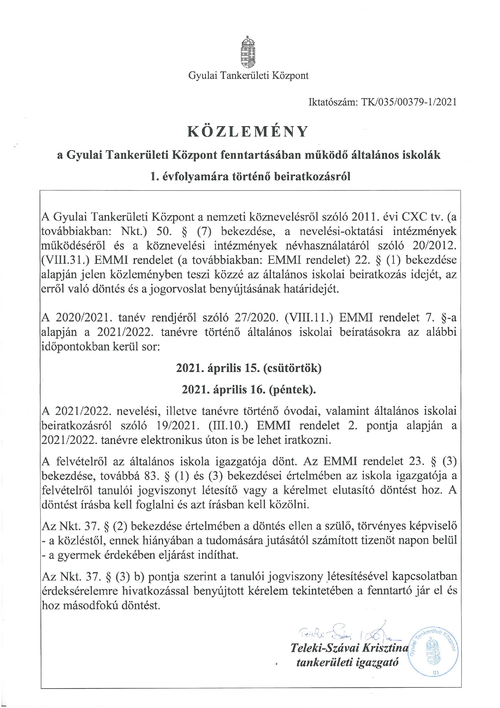 Gyula TK Alt Isk beiratkozas Kozlemeny page 001