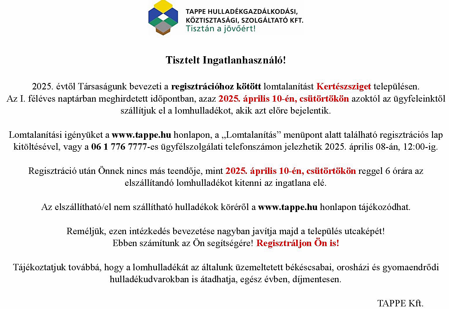 Lomtalanítás Kertészsziget 2025 tájékoztató page 001